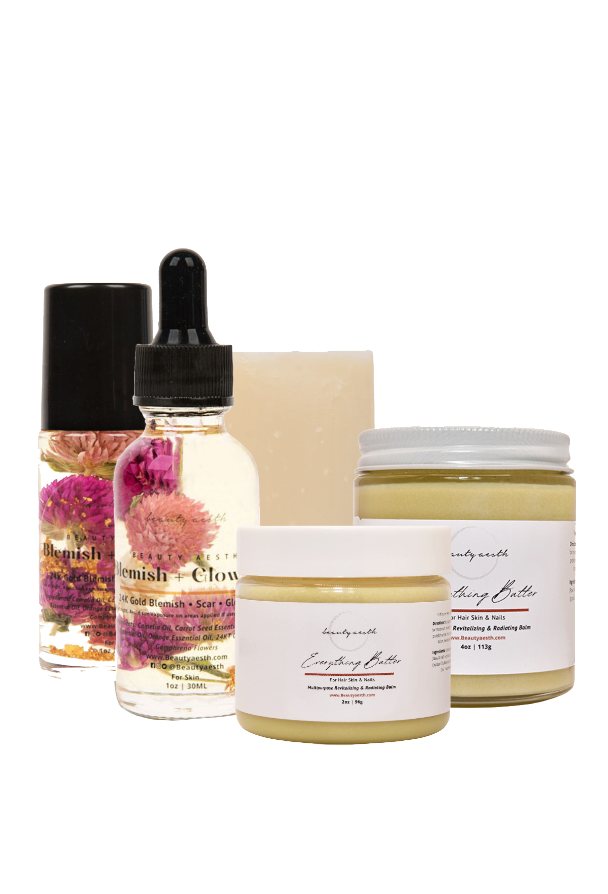 Complete Package: 24KT Glow Oil Roll on and Dropper + 2Oz and 4oz Everything Butter and Soap Bundle